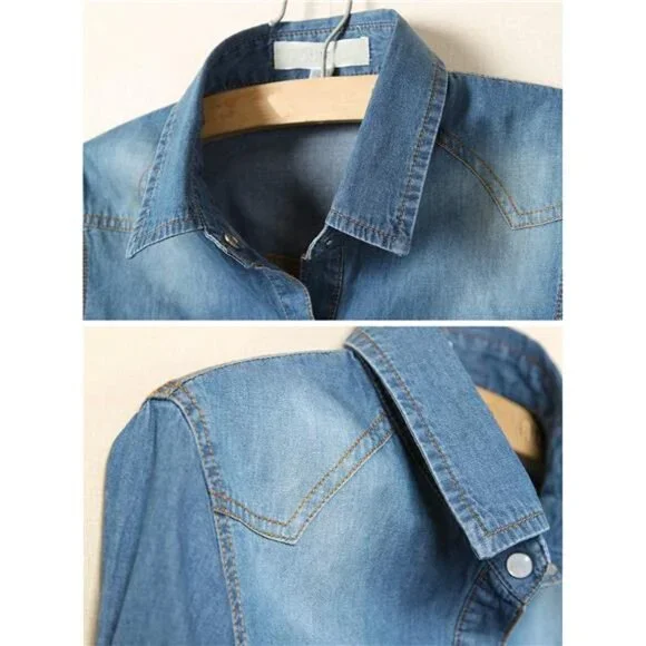 Women's Denim Crop Top Roll Up 3/4 Sleeve Shirt Tie Front Knot Chambra - Picture 3 of 7